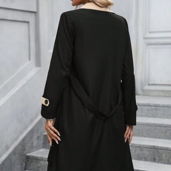 Black Casual Womens Two Tone Lapel Collar Belted Trench Coat - Picture 3 of 5